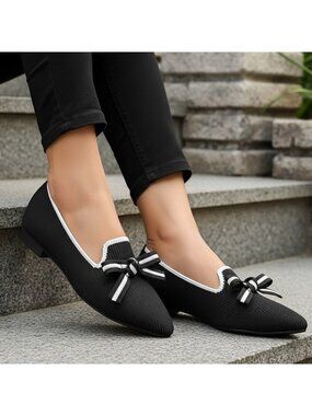 Oversized Bow Pointed Toe Knit Ballet Flats Contrast Trim Casual Slip-On Shoes